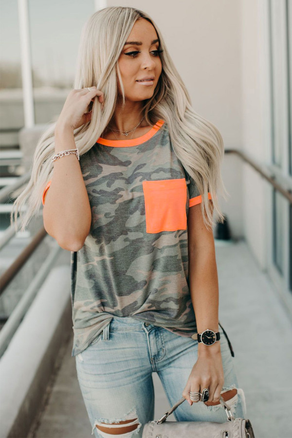 Coral Contrast Camo Tee
