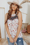 White Smocked Frilled Boho Floral Print Halter Tank Top