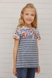 Gray Round Neck Floral Striped Print Kid's Tee