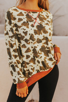 Brown Oversized Crew Neck Animal Print Sweatshirt with Slits