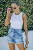 Light Blue Ripped Tasseled Hem Denim Shorts