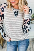 Gray Ombre Leopard Print Stripe Splice Long Sleeve Top
