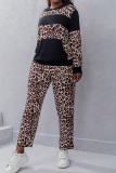 Color Block Leopard Pocketed Hoodies with Pants Plus Size 2pcs Set