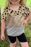 Leopard Striped Sequin Patchwork Girl's Short Sleeve Top