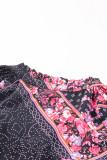 Red Floral Dotted Print Frilled Drawstring V Neck Blouse