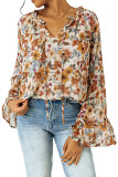 Orange Floral Print Flare Cuff Long Sleeve Blouse