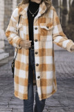 Brown Open Button Plaid Long Length Fleece Coat