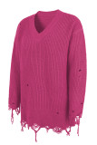 Ripped Raw Edge V Neck Plain Knit Sweaters