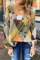 Green Square Neck Mixed Print Blouse