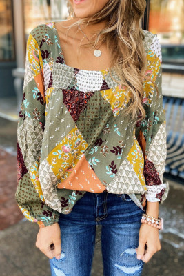 Green Square Neck Mixed Print Blouse