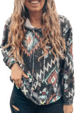 Gray Aztec Kangaroo Pocket Drawstring Hoodie