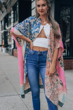Multicolor Shawl Neckline Floral Print Kimono with Slits