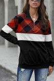 Red Plaid Color Block Zipper Turn Down Collar Long Sleeve Top