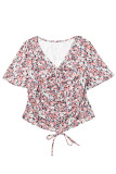 Multicolor Floral Drawstring Tie Center V Neck Blouse
