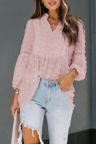 Pink Ruffled Split Neck Lace Hollow Out Puff Sleeve Polka Dot Blouse