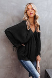 Black Swiss Dot Lace-up V Neck Long Sleeve Top