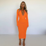 Plain Zipper Down Midi Bodycon Dress