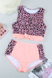 Pink Leopard Patchwork Tie Knot High Waist Bikini Swimsuit