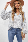 Sky Blue Floral Print Drawstring Loose Puff Sleeve Shirt