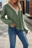 V Neck Crochet Plain Long Sleeve Top