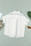 V Neck Stripes Roll up Sleeve Button Down Shirt