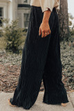 Black Pleated Drawstring High Waist Wide Leg Pants