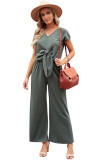 Green Short Sleeves V Neck Knotted Tunic Wide Leg Jumpsuit