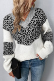 Leopard Splicing V Neck Long Sleeve Knit Sweater