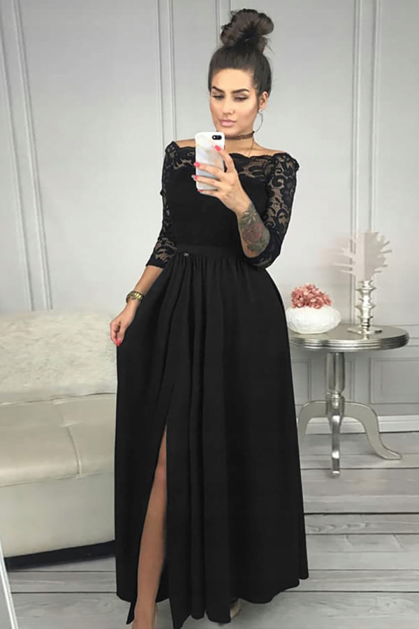 Black Off Shoulder Lace Bodice High Waist Maxi Skirt Evening Dress