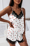 White Lacy V Neck Valentine Heart Print Pajamas Set