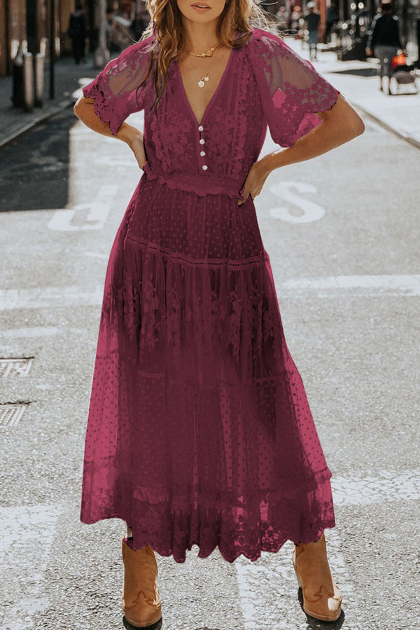 Red Luminous Dawn Lace Gown