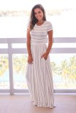 Grey Striped Ivory Short Sleeve Maxi Dress