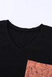 Black Women's Casual Printed Splicing Pullover Pocket T-shirt