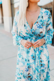 Sky Blue Wrap V Neck Floral Maxi Dress