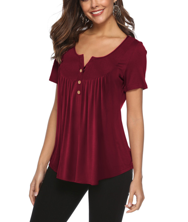 Wine Red V Neck Top with Button