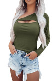 Green One Sleeve Cutout Ribbed Knit Top