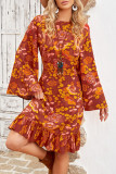 Boho Floral Print Ruffled Long Sleeve Mini Dress