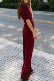 Burgundy Belted Square Neck Puff Sleeve Jumpsuit