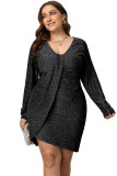 Asymmetric Hemline V Neck Metallic Plus Size Dress