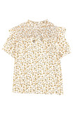 Yellow Floral Print Smocked Ruffled V Neck T-shirt