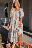 White Floral Print Puff Sleeve Square Neck Plus Size Dress