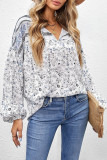 Sky Blue Floral Print Drawstring Loose Puff Sleeve Shirt