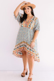 Plus Size Bohemian Floral Print Puff Sleeve Ruffle Dress
