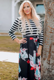 Striped Floral O-Neck Long Dress