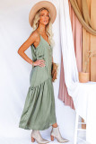 Green Spaghetti Strap Ruffled Satin Maxi Dress