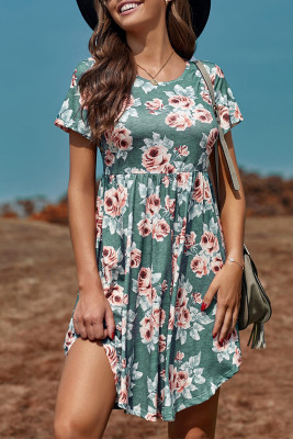 Green Floral Print Short Sleeve Pleated Mini Dress