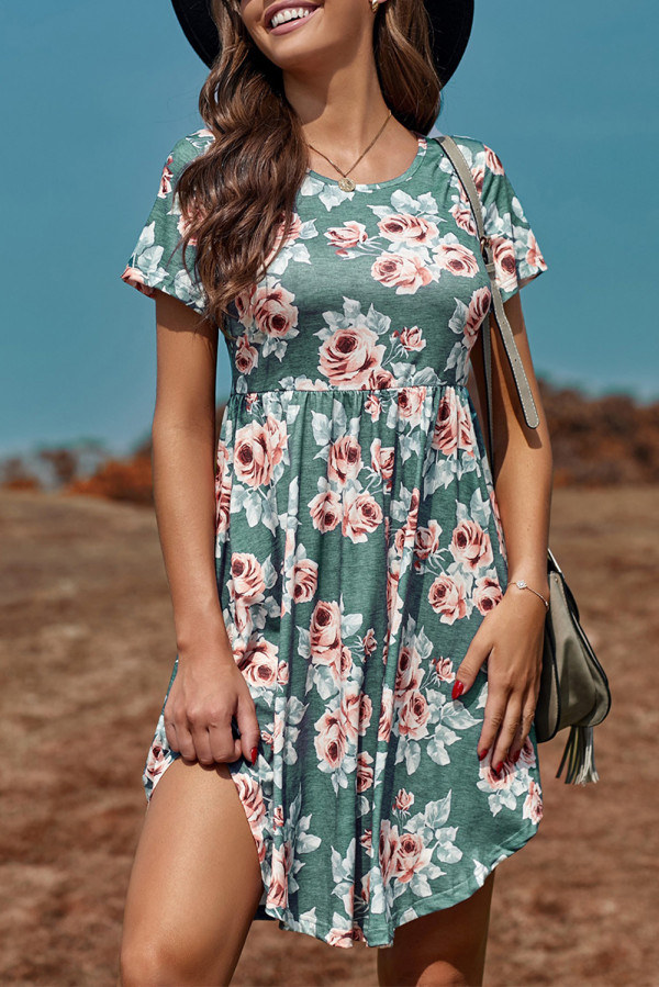 Green Floral Print Short Sleeve Pleated Mini Dress