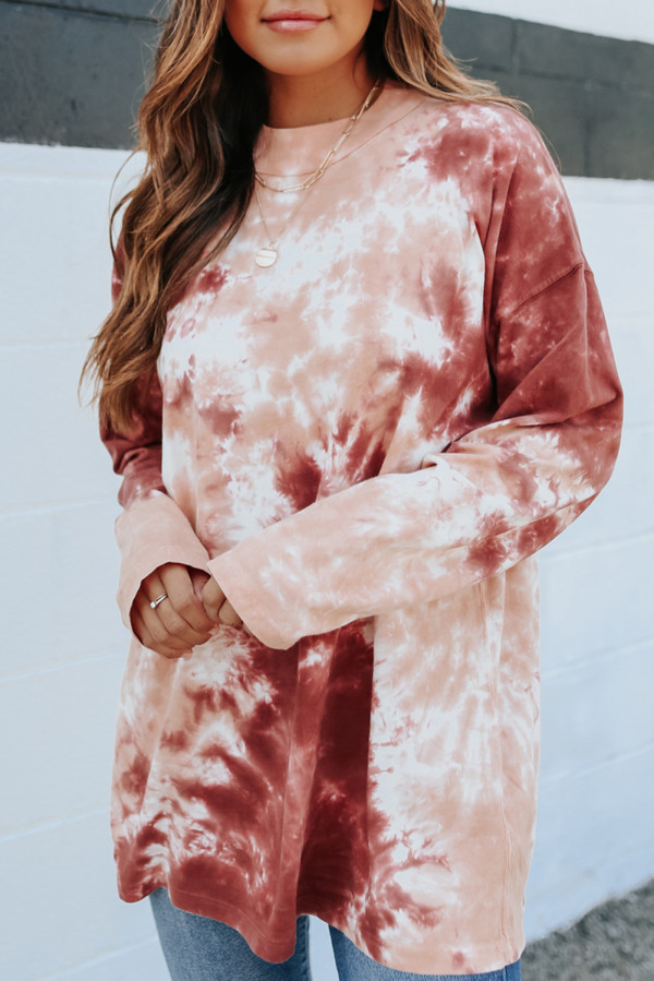 Red Tie Dye Crew Neck Long Sleeve Top