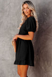 Black Checkered Pattern Puff Sleeve Babydoll Dress