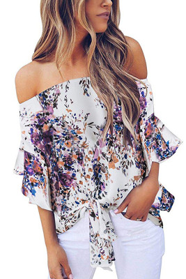 Purple Off Shoulder Floral Tie Front High Low Chiffon Blouse